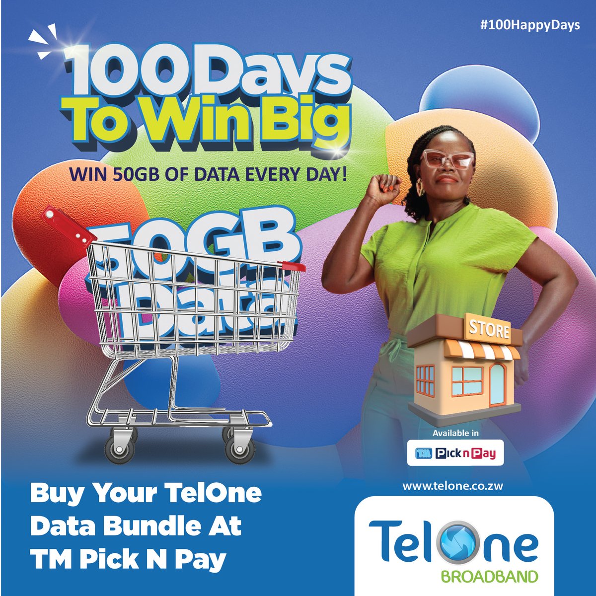 TelOneZW's tweet photo. 100 Days to Win Big! 

 Want to WIN 50GB of data EVERY DAY? It’s easy! Just buy your TelOne Data Bundle at TM Pick n Pay and enter for your chance to win big 

Don’t miss out unlock your streaming adventures today!  The Promotion runs from 10 March 2025 to 30 June 2025 #TelOne https://t.co/HQiKA5dSSi