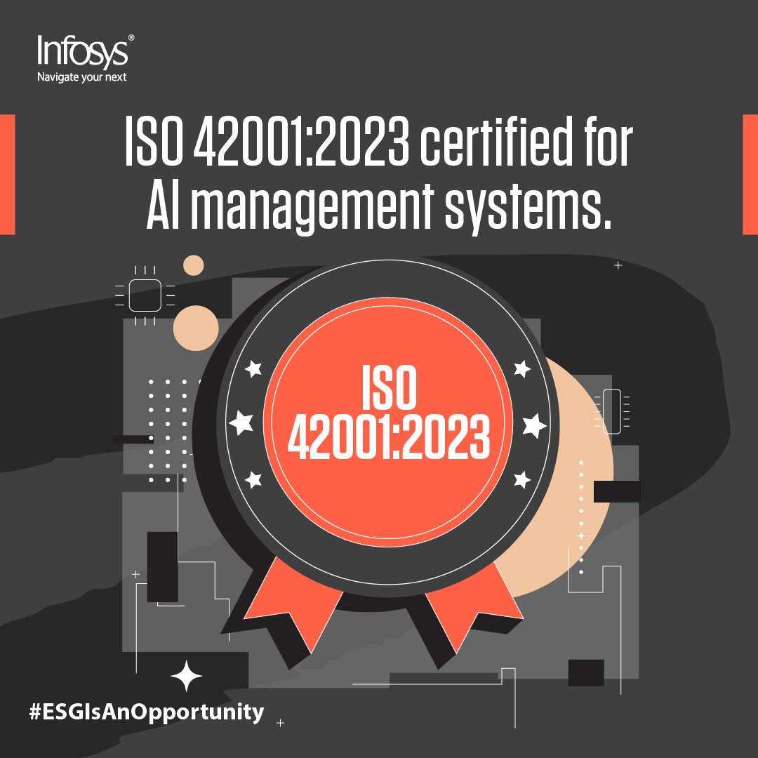 Infosys's tweet image. Infosys is among the first companies globally to get ISO 42001:2023 certified, a global standard for responsible development and transparent, ethical, and accountable use of AI. Discover more in our ESG FY24 report: infy.com/ESGReport 

#InfosysESG | #ESGIsAnOpportunity