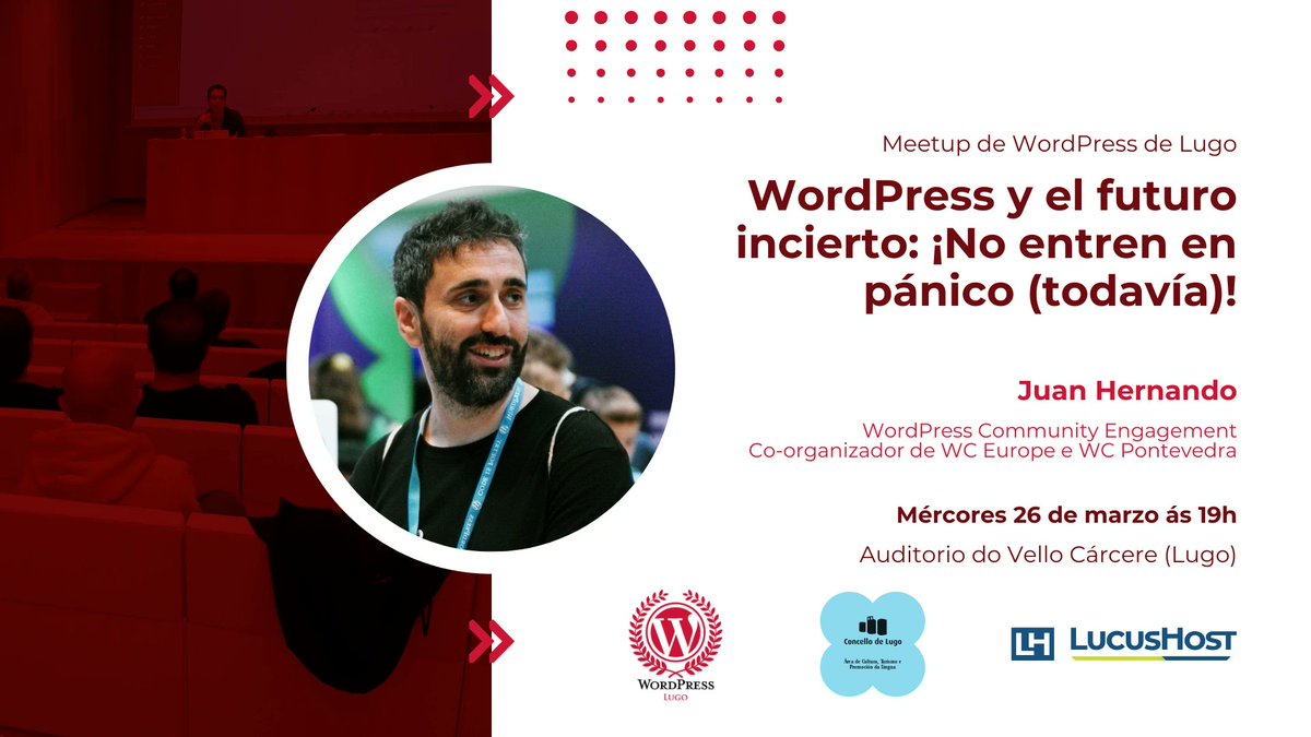 ▶️ É hoxe! WordPress e o futuro incerto: non entredes en pánico (aínda).

A partir das 19h no Vello Cárcere (Lugo) falaremos do papel que teremos as persoas na web que vén. Con Juan Hernando.

Ao rematar, conversa e petiscos grazas a <a href="/LucusHost/">LucusHost</a>.

👉 meetup.com/wordpresslugo/…