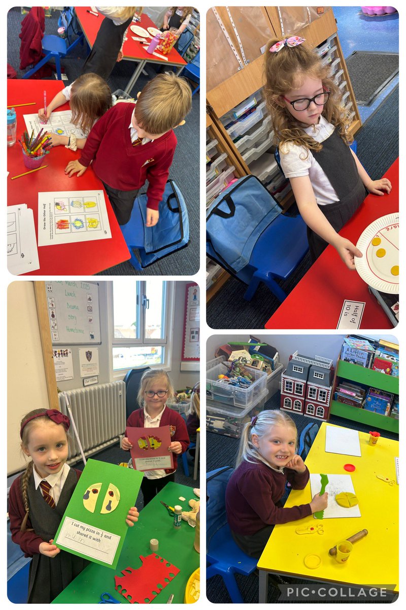We have been learning about fractions. We enjoyed some active stations where we drew the other half to complete the pictures, made and halved some pizzas, found the other half using playing cards and worked out half of an amount using concentrate materials.