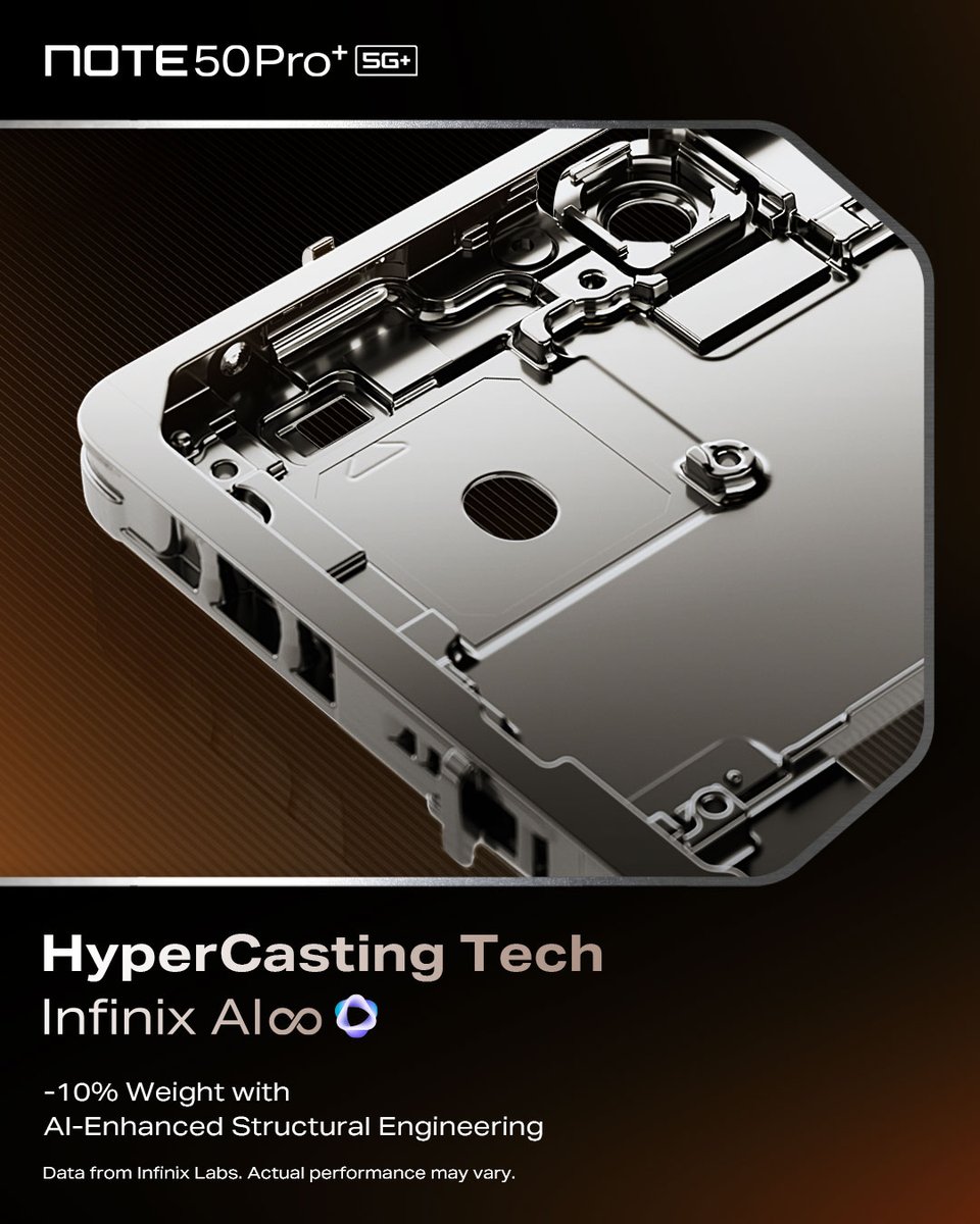 Infinix_Mobile's tweet photo. The #NOTE50Series brings next-level durability with HyperCasting Tech, reducing weight by 10% while reinforcing strength with AI-enhanced structural engineering. Sleek, resilient, unstoppable. #Infinix #InfinixAI #NOTE50ProPlus5G #FlagshipPerformanceWithAI #PerformanceByDesign #HyperCasting