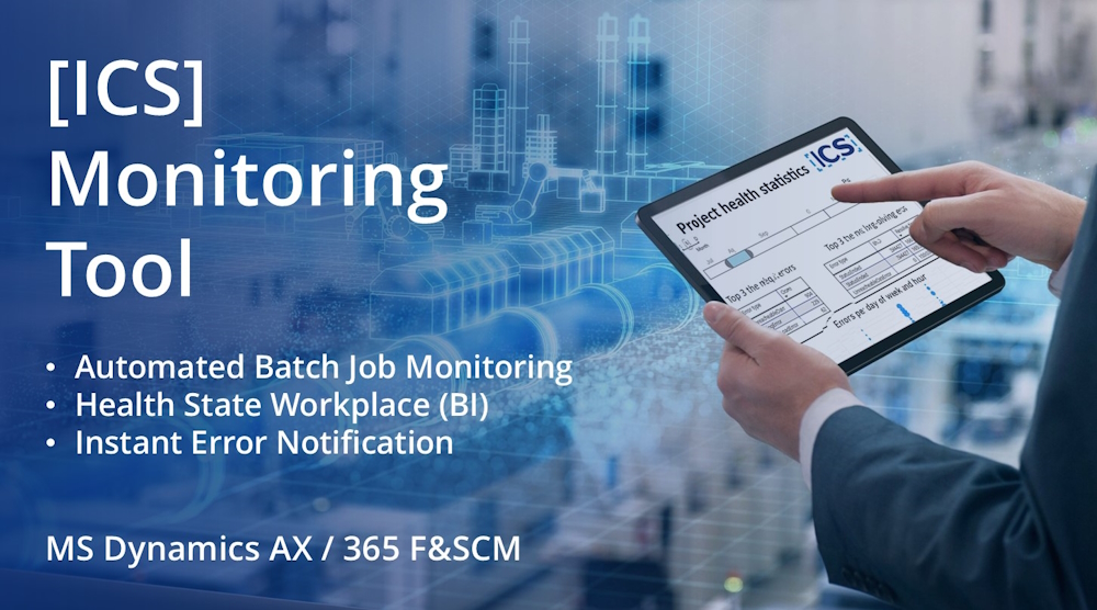 ICS_ERP's tweet image. 📣 Exciting news from ICS! We are proud to announce the official release of [𝐈𝐂𝐒] 𝐌𝐨𝐧𝐢𝐭𝐨𝐫𝐢𝐧𝐠 𝐓𝐨𝐨𝐥 – our new solution for automated monitoring of batch jobs execution in Dynamics #ERP.

Click the link for more details: ic-service.net/solutions/moni…

#D365FO #DynamicsAX