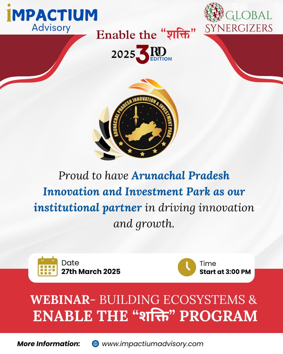 Arunachal Pradesh Innovation & Investment Park (@apiip_apstartup) on Twitter photo 🚀 Join us for the 3rd Edition of the Enable the "Shakti" Program!
An empowering webinar designed for women entrepreneurs
📅 Date: 27th March 2025
⏰ Time: 3:00 PM IST
Register now:
lnkd.in/gAykKecM
Link to join the webinar: 
meet.zoho.in/CXKr-imd-z06 🚀 Join us for the 3rd Edition of the Enable the "Shakti" Program!
An empowering webinar designed for women entrepreneurs
📅 Date: 27th March 2025
⏰ Time: 3:00 PM IST
Register now:
lnkd.in/gAykKecM
Link to join the webinar: 
meet.zoho.in/CXKr-imd-z06