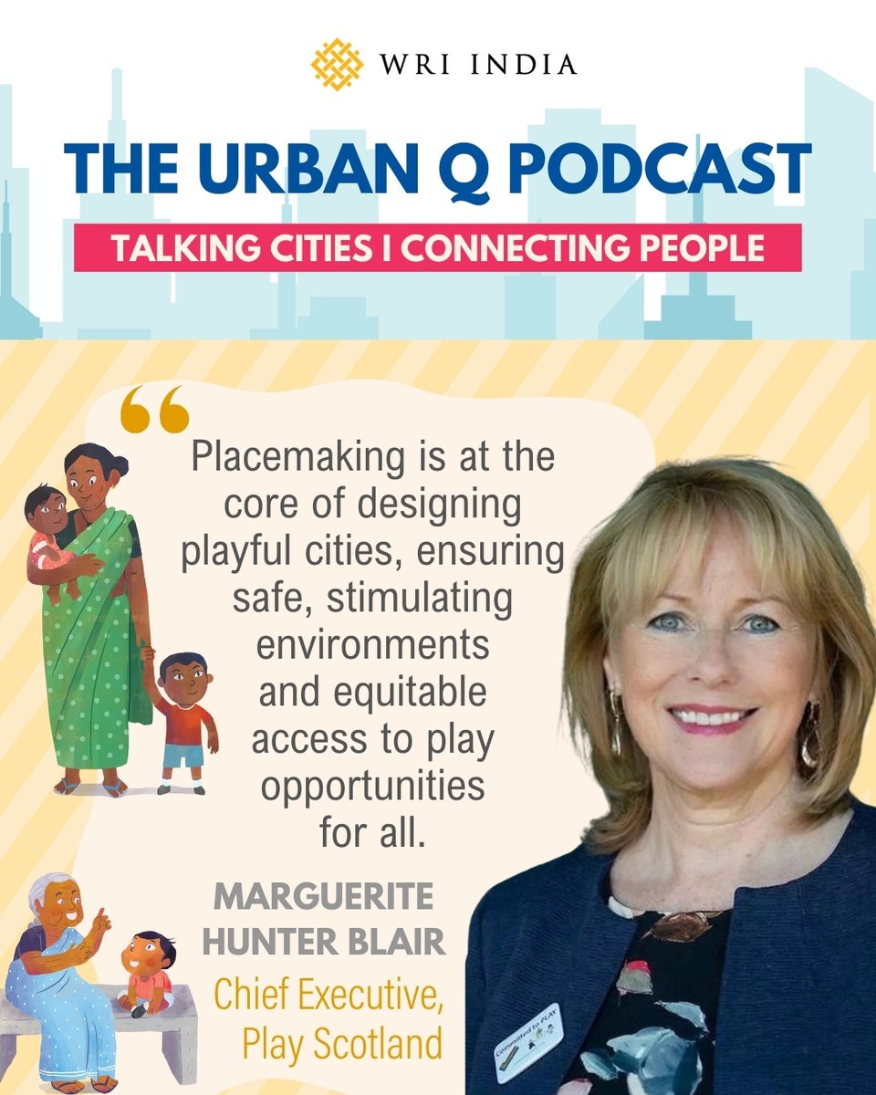 WRIIndia's tweet photo. 📢 #TheUrbanQ | Let's build #PlayfulCities!

Ep 15🌟Marguerite Hunter Blair OBE (CEO, @PlayScotland) joins Jaya to discuss why prioritizing play benefits health, the environment, education &amp; community bonds, enabling #LivableNeighborhoods.

📺 Watch here: https://t.co/1qyHOQbB8R https://t.co/7uXUIepDXK