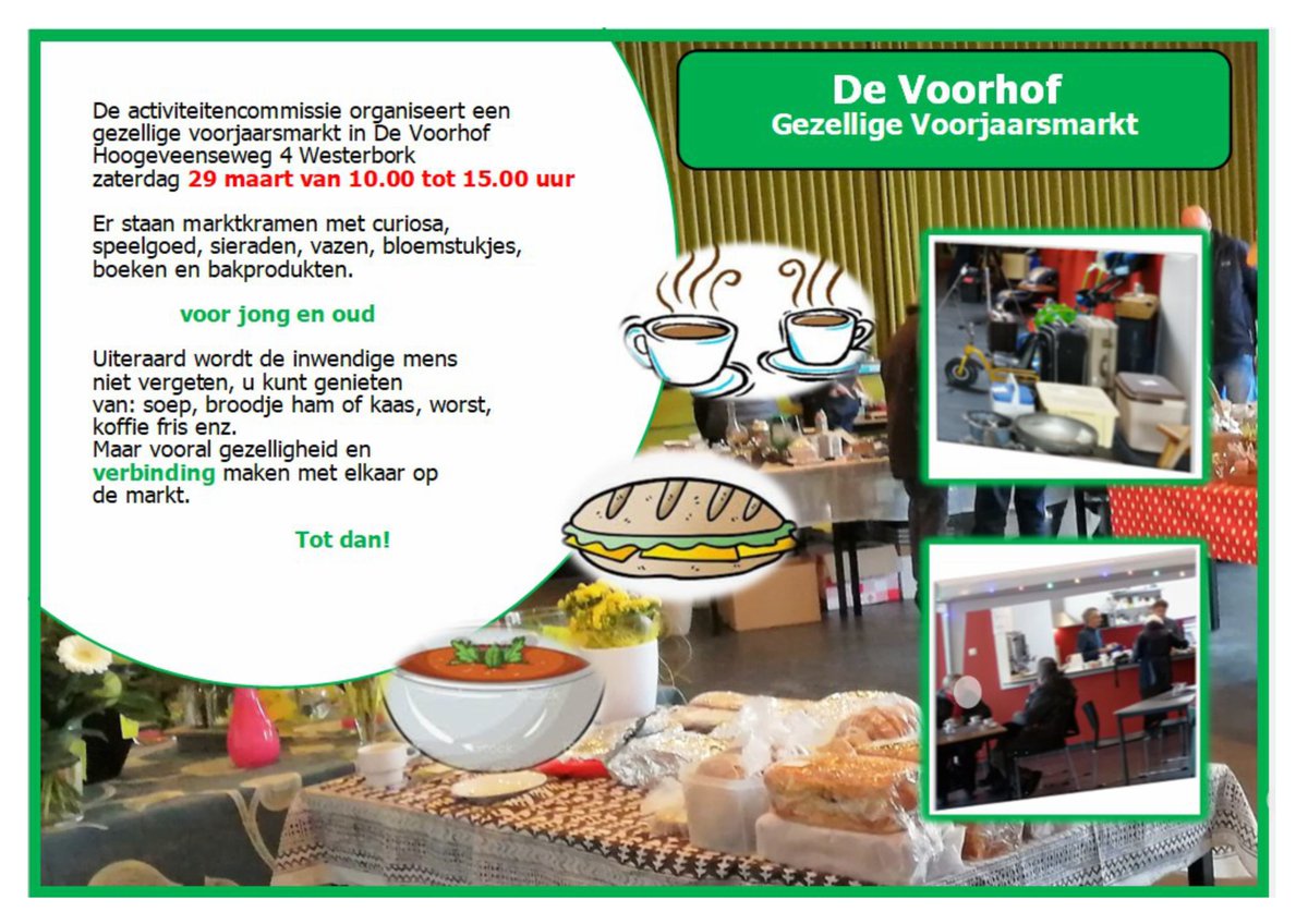 Voorjaarsmarkt De Voorhof Westerbork zaterdag 29 maart.

Gezellige markt met veel gebruikte artikelen. Hergebruik van goederen draagt bij aan een duurzame wereld!