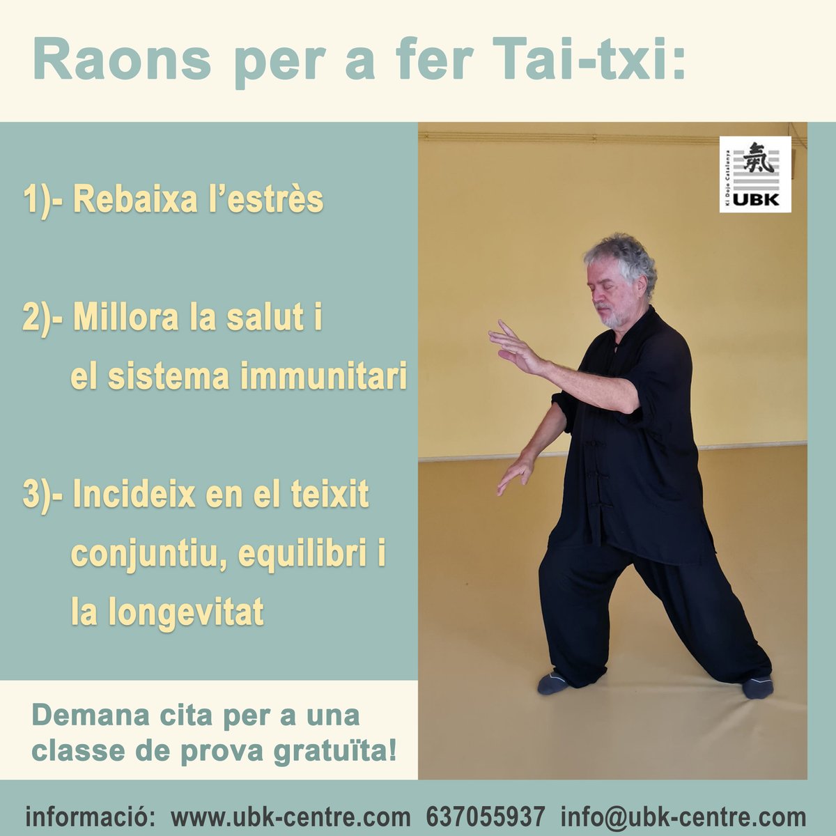 Raons per a fer #Taitxi:
1)- Rebaixa l’estrès
2)- Millora la salut i      el sistema immunitari
3)- Incideix en el teixit conjuntiu, equilibri i la longevitat
Segueix llegint: ubk-centre.com/classes-tai-tx…
Som escola. La diferència és la qualitat!
#taitxi #taiji #taichi #taichichuan