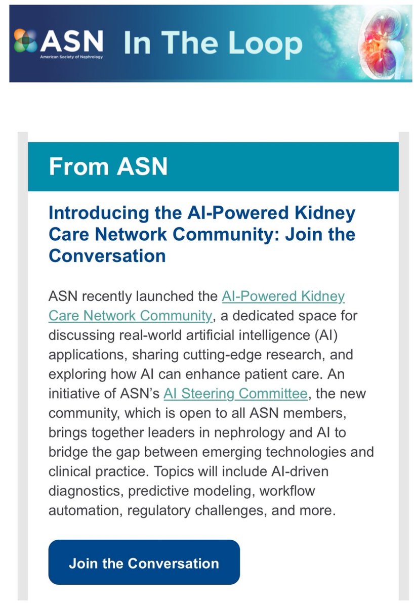 Wisit Cheungpasitporn MD FACP | FASN | FAST (@wisit661) on Twitter photo Our <a href="/ASNKidney/">American Society of Nephrology</a> AI Community Forum is now live and was just featured in ASN In the Loop <a href="/asnpublications/">ASN Publications</a> today!
This is a major step forward — proudly led by our ASN AI Steering Committee, and aligned with our recent projects focused on building collaborative ecosystems in kidney Our <a href="/ASNKidney/">American Society of Nephrology</a> AI Community Forum is now live and was just featured in ASN In the Loop <a href="/asnpublications/">ASN Publications</a> today!
This is a major step forward — proudly led by our ASN AI Steering Committee, and aligned with our recent projects focused on building collaborative ecosystems in kidney