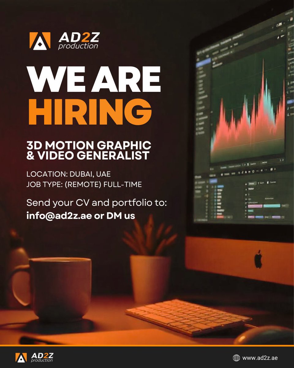 AD2Z_Media's tweet photo. 🚀 We're Hiring! 🎥✨

AD2Z is looking for a 3D Motion Graphic &amp; Video Generalist to join our creative team! 🌟

📍 Dubai, UAE (Remote) | 💼 Full-time
📩 Apply: info@ad2z.ae
#Hiring #3DMotionGraphics #VideoGeneralist #JobAlert #CreativeJobs https://t.co/KUPpDdj9G4