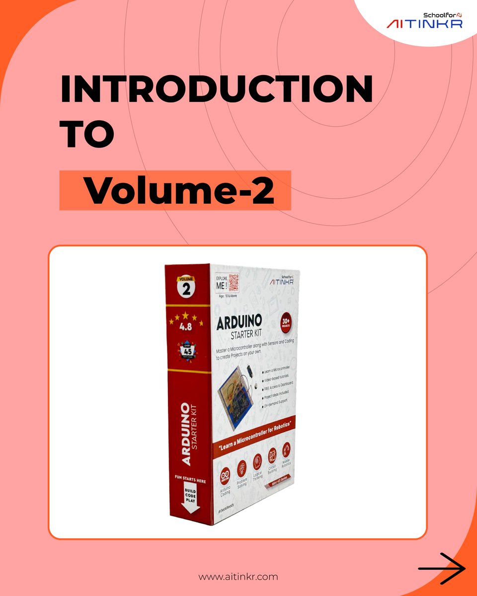 aitinkr's tweet image. Level-Up Your Child’s Tech Journey with AITINKR Volume-2
🎒 Designed for kids 11+
⚙️ Packed with sensors, servo, breadboard & more
📚 35+ Projects | 150+ Hrs of Learning | 5 Essential Modules
🎥 Includes video-based dashboard access
#AITINKR #ArduinoKit #STEMEducation #ipl