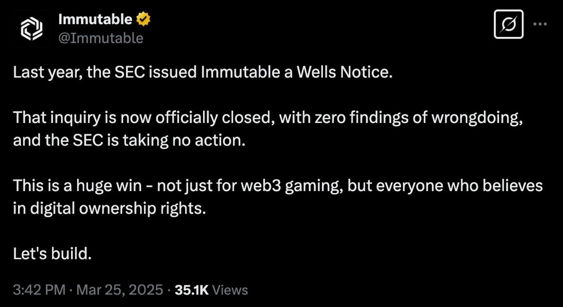 🚨 TODAY: 🇺🇸 The SEC has Officially DROPPED Case Against Web3 Gaming Company <a href="/Immutable/">Immutable</a> 👏  

The SEC really is starting over with a clean slate...