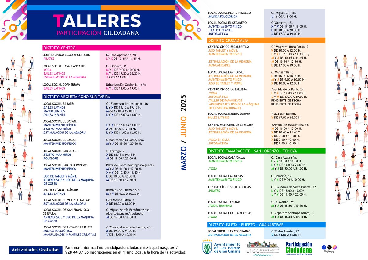 INFORMAMOS DE CAMBIOS!!!
LOCAL SOCIAL STO DOMINGO:
MANT. FÍSICO: X y V 10:15 a 11:15
LS PEDRO HIDALGO: 
MÚSICA FOLCLÓRICA: Jueves  16:00 a 18:00
LS EL SECADERO
INFORMÁTICA: JUEVES 17:30 A 19:00
LS EL BATÁN
ESTIMULACIÓN DE LA MEMORIA: L y X 11:00 a 12:00
#ParticipaLPGC