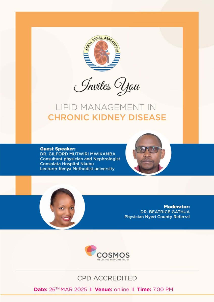 Kenya_Renal's tweet photo. Lipid management in chronic kidney disease
TODAY AT 7️⃣ PM
Register In Advance: https://t.co/1gYToHXnBb
#DetectEarly #ProtectYourKidneys https://t.co/fj8XdEbxyC