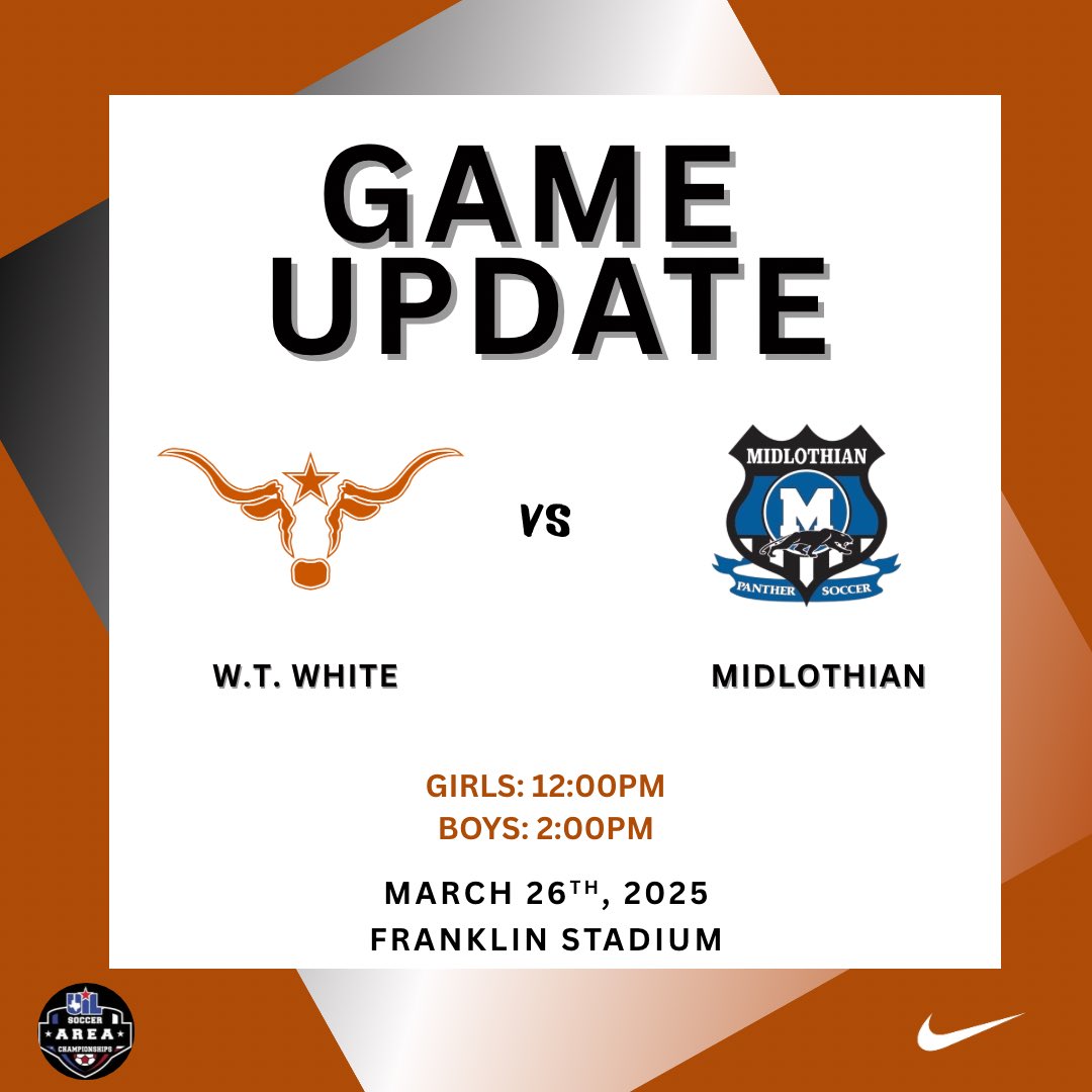 W.T. White Boys Soccer (@wtwhsboyssoccer) on Twitter photo ๐จ Updated Game Times for Area Championship ๐จ
Come out and support your Longhorns. BLACKOUT the stands!! ๐ค๐ฝ
<a href="/WTWHighSchool/">WT White High School</a> <a href="/WTWLonghorns/">W.T. White Longhorns Athletics</a>
<a href="/ClubWtw/">WTW Longhorns Booster Club</a> <a href="/wtwhitevt/">W.T. White Vertical Team</a> <a href="/dallasathletics/">Dallas ISD Athletics</a> #TXHSSOC #TXHSSoccer <a href="/tascosoccer/">TASCO</a> <a href="/LethalSoccer/">Coach Duque</a> <a href="/50_50Pod/">The 50/50 Podcast โฝ๏ธ๐</a> ๐จ Updated Game Times for Area Championship ๐จ
Come out and support your Longhorns. BLACKOUT the stands!! ๐ค๐ฝ
<a href="/WTWHighSchool/">WT White High School</a> <a href="/WTWLonghorns/">W.T. White Longhorns Athletics</a>
<a href="/ClubWtw/">WTW Longhorns Booster Club</a> <a href="/wtwhitevt/">W.T. White Vertical Team</a> <a href="/dallasathletics/">Dallas ISD Athletics</a> #TXHSSOC #TXHSSoccer <a href="/tascosoccer/">TASCO</a> <a href="/LethalSoccer/">Coach Duque</a> <a href="/50_50Pod/">The 50/50 Podcast โฝ๏ธ๐</a>