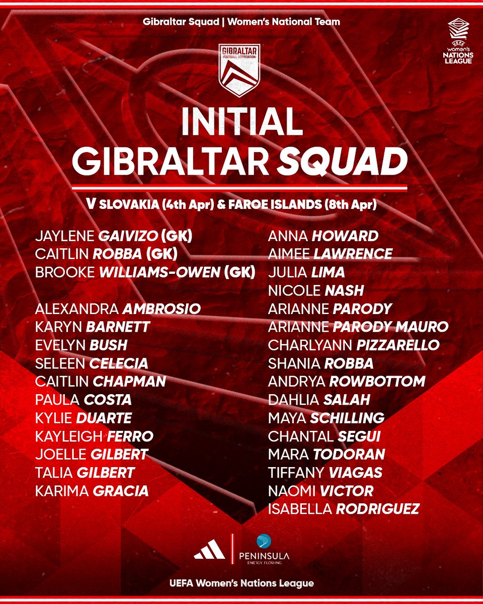 Gibraltar FA (@gibraltarfa) on Twitter photo Your Initial 🇬🇮 Women’s National Team squad for their upcoming #UWNL fixtures against Slovakia 🇸🇰 & the Faroe Islands 🇫🇴
<a href="/WEURO2025/">UEFA Women's EURO 2025</a> || <a href="/WePlayStrong_/">The Women’s Football Channel</a> Your Initial 🇬🇮 Women’s National Team squad for their upcoming #UWNL fixtures against Slovakia 🇸🇰 & the Faroe Islands 🇫🇴
<a href="/WEURO2025/">UEFA Women's EURO 2025</a> || <a href="/WePlayStrong_/">The Women’s Football Channel</a>
