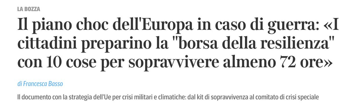 La proposta UE di una borsa d’emergenza per 72 ore (con acqua, medicine, viveri) ha sorpreso molti. Ma la vera notizia non è la proposta in sé: è la sorpresa!

Chiaramente i media e i titolisti da bar contribuiscono con il loro solito sensazionalismo abborracciato, vedasi