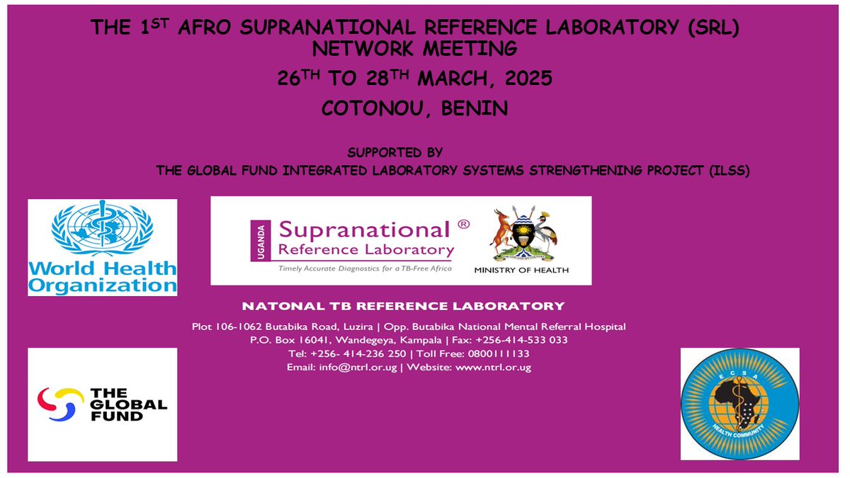 National TB Reference Laboratory (@ntrlug) on Twitter photo <a href="/NTRLUg/">National TB Reference Laboratory</a> & <a href="/ECSA_HC/">ECSA-HC</a> launch the 1st AFRO SRL Network Meeting in Cotonou, Benin under the ILSS project, funded by <a href="/GlobalFund/">The Global Fund</a> to strengthen the AFRO SRL network by advancing resource mobilization, an operational plan, social mobilization, & a regional framework. #GlobalHealth #WHO <a href="/NTRLUg/">National TB Reference Laboratory</a> & <a href="/ECSA_HC/">ECSA-HC</a> launch the 1st AFRO SRL Network Meeting in Cotonou, Benin under the ILSS project, funded by <a href="/GlobalFund/">The Global Fund</a> to strengthen the AFRO SRL network by advancing resource mobilization, an operational plan, social mobilization, & a regional framework. #GlobalHealth #WHO