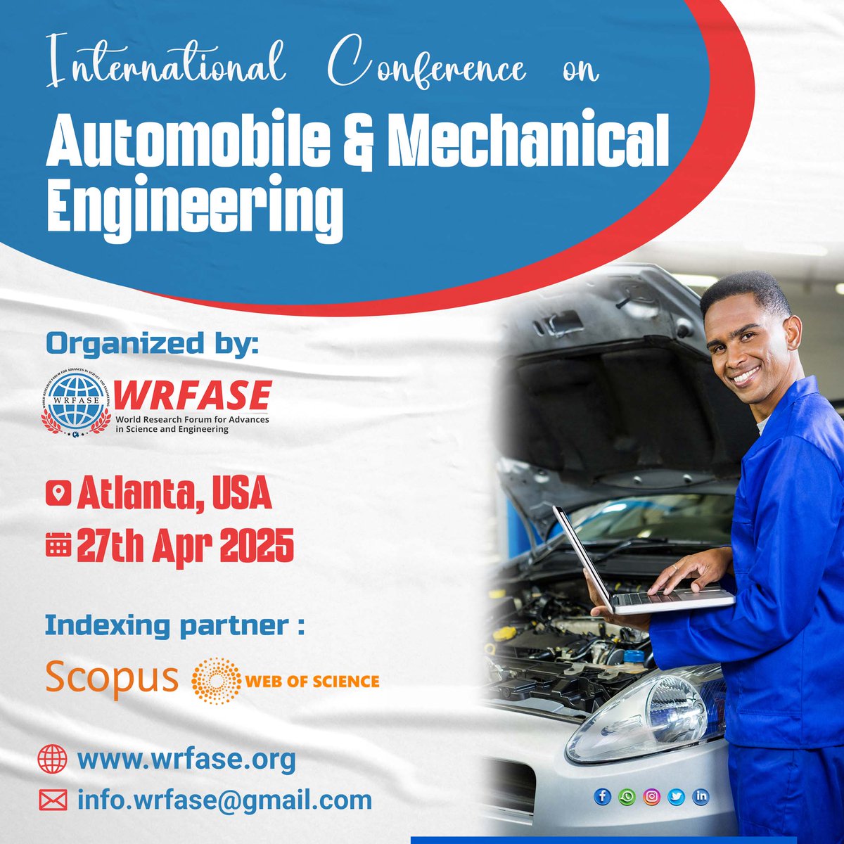 wrfase_follow's tweet image. International Conference on Automobile &amp;amp; Mechanical Engineering (ICAME)..!

Date: 27th Apr-28th Apr 2025
Location: Atlanta, USA
🔗wrfase.org/Conference/158…...

#wrfase #ICAME2025 #AutomobileEngineeringconference #MechanicalEngineeringconference #scopus #Atlantaconference #usa