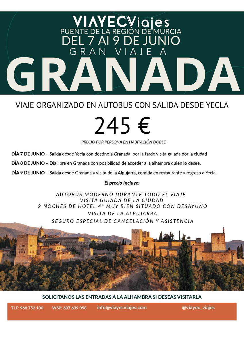 ¿No tienes plan para el puente de la Región de Murcia?

Ofrecemos viaje organizado en autobús a Granada con salida desde Yecla

¿Te vienes?