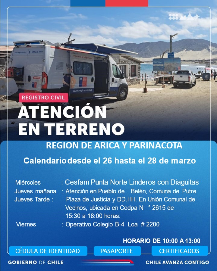 Regcivil_Arica's tweet photo. 👋Buen Día, revisa aquí los lugares de atención!  Te esperamos, Unidad Móvil Arica.🚐 https://t.co/o3LLMTdTu3