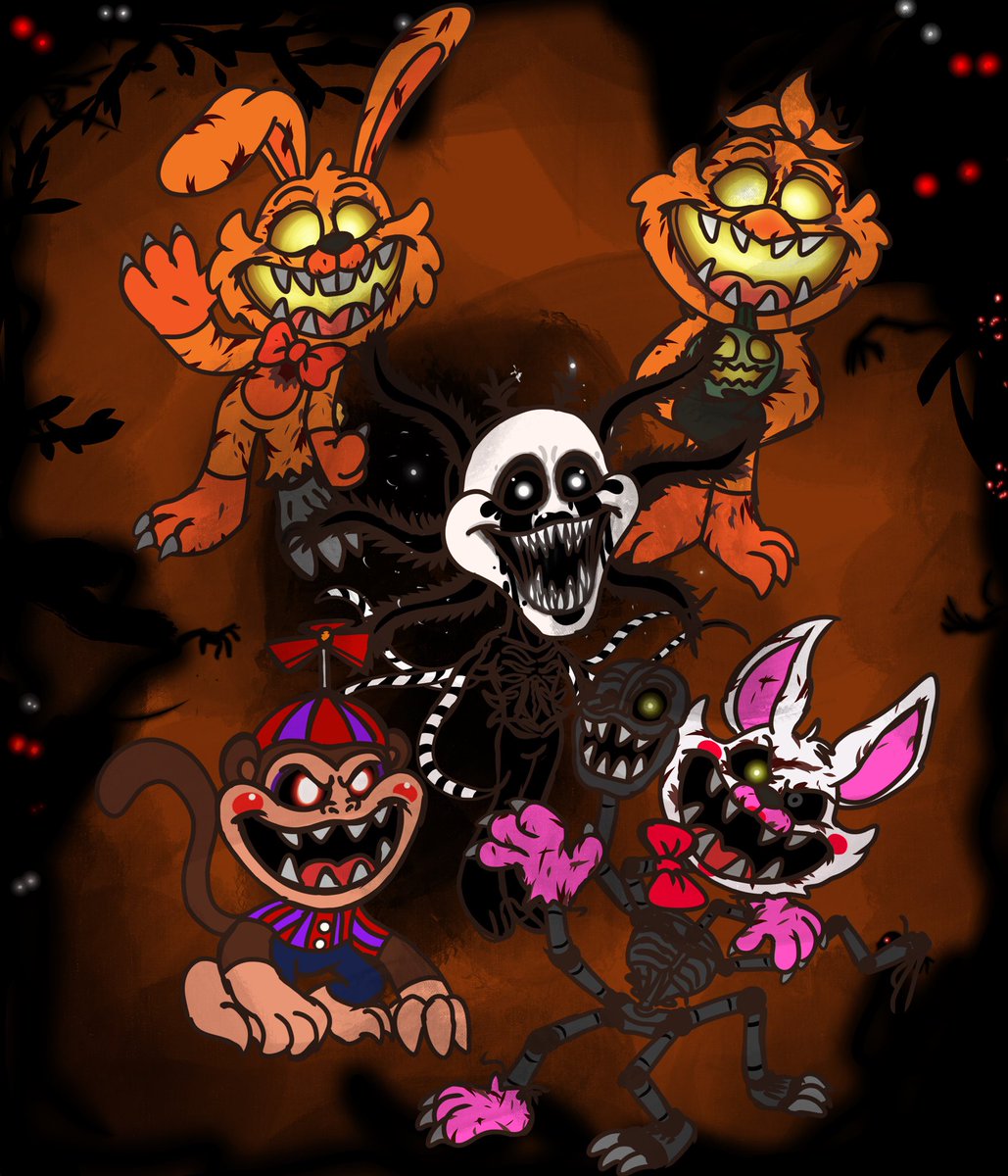 GoofyAhhBunny's tweet photo. Five Nights At Freddy’s 4 Halloween Edition 🎃 #fnaf #fnaf4 #fnaffanart #PoppyPlaytime #PoppyPlaytimefanart #SmilingCritters #SmilingCrittersFanart #NightmareCritters #NightmareCrittersfanart #jackobonnie #jackochica #nightmareballoonboy #nightmaremangle #nightmarionne #fanart https://t.co/JeAmXKZaHd
