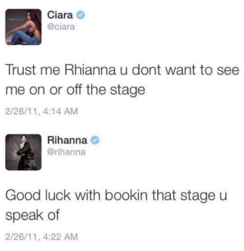 Haster18_'s tweet photo. 11. When Rihanna ended Ciara career! forever iconic https://t.co/Xp2xw08yRF