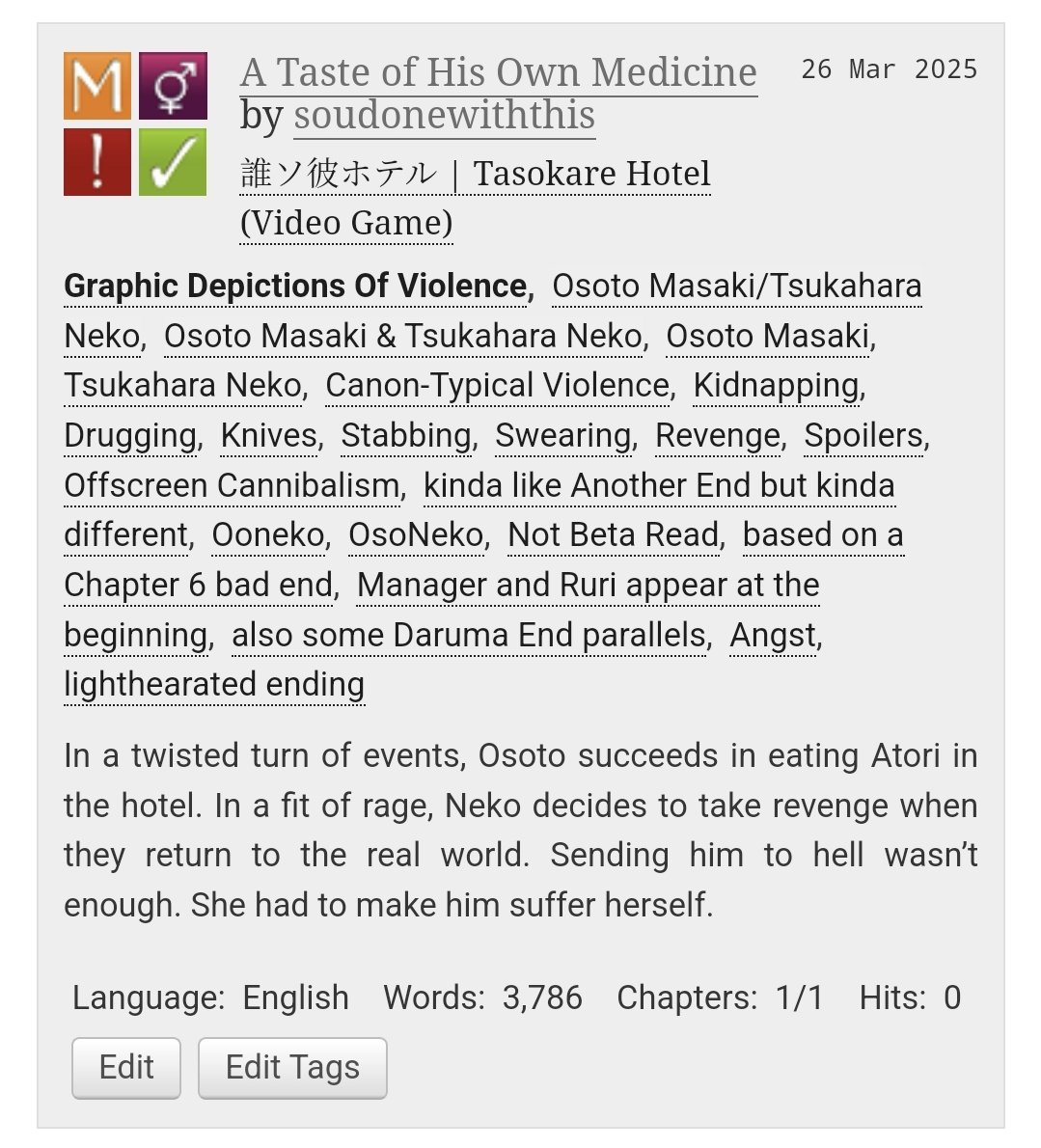 nekotsukahara_'s tweet photo. [TASOKARE HOTEL SPOILERS]

Hi, I wrote another ooneko fic!! Do mind the tags though, since it's a little darker than my usual works. Nothing beyond the game's typical level of violence though.

https://t.co/IzzinNruoo https://t.co/j0puD4NDFy