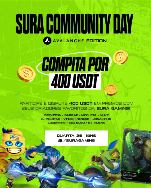 Igoor_eth's tweet photo. Fala galera, tudo bem?

📌 Hoje quero compartilhar com vocês algo muito legal. 🌟

🗓 Hoje, 26 de março, às 19h (UTC-3), acontecerá o evento "Sura Community Day" lá na comunidade da @suragamingteam.

Se você é um #GamerFi e joga algum dos jogos abaixo, não perca essa oportunidade:

•🕹 Raini - Lord of the Light
•Mokens League
•Wild Forest
•Wonder Wars ⚔️

🎯 O evento contará com premiações de até 💵 $400 USDT, e estarão presentes criadores #GameFi @GustavoNenesk, @SeuBubu, entre outros.

📢Não fique de fora! Participe e aproveite, e não se esqueça de comentar o que achou! ❤