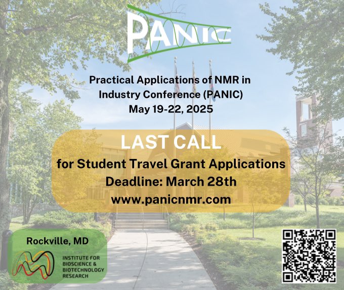 This is the LAST CALL for #PANICNMR2025 Student Travel Grant application submissions! 
Deadline is THIS FRIDAY, March 28th at 11:59 pm EDT: panicnmr.com/student-resour… 
Recipients announced: April 21st, 2025
We hope you will join us in Rockville, MD at IBBR from May 19- 22
#NMRchat