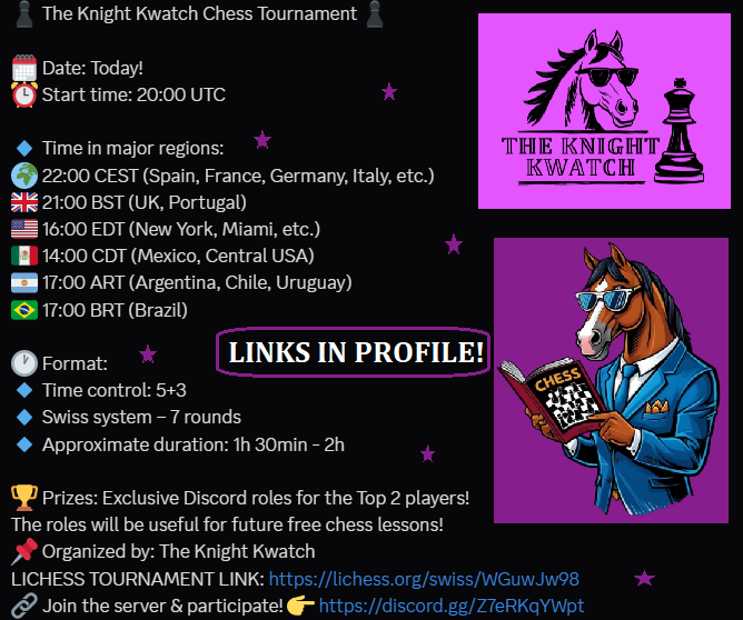 TheKnightKwatch's tweet photo. Want to play a #chess #Blitz #tournament today? #chessnews #tactics #chesstactics #puzzles #chesspuzzles #chesstournaments #game #games https://t.co/gczsThyDz6