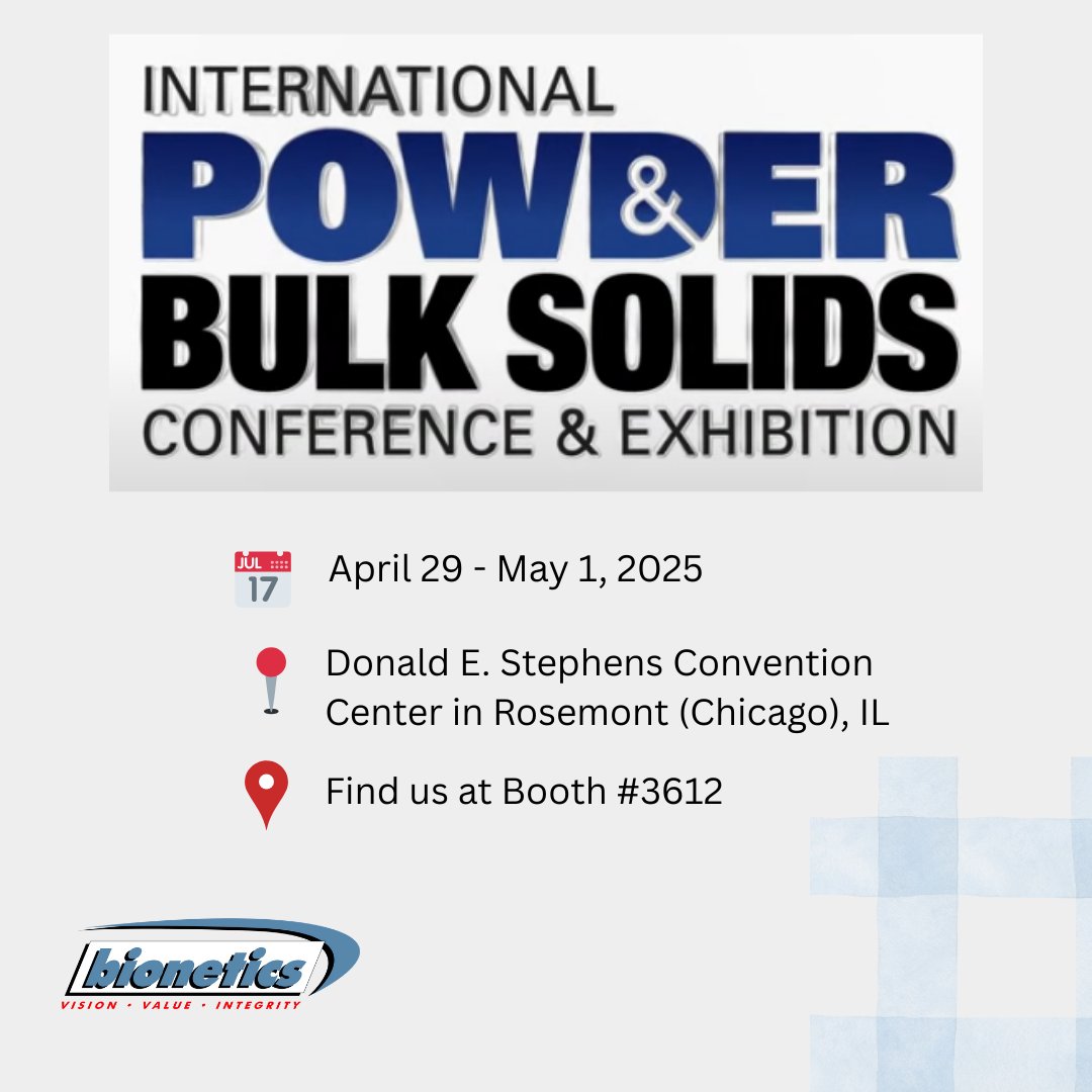 Bioneticsflow's tweet image. 📢 Exciting News! We’re Exhibiting at the Powder &amp;amp; Bulk Solids Show 2025! 🚀

Join us April 29 - May 1, 2025, at the Donald E. Stephens Convention Center in Rosemont (Chicago), IL for North America&apos;s leading event!
📍Booth  3612
#PowderBulkSolids #ChicagoEvents #Bionetics