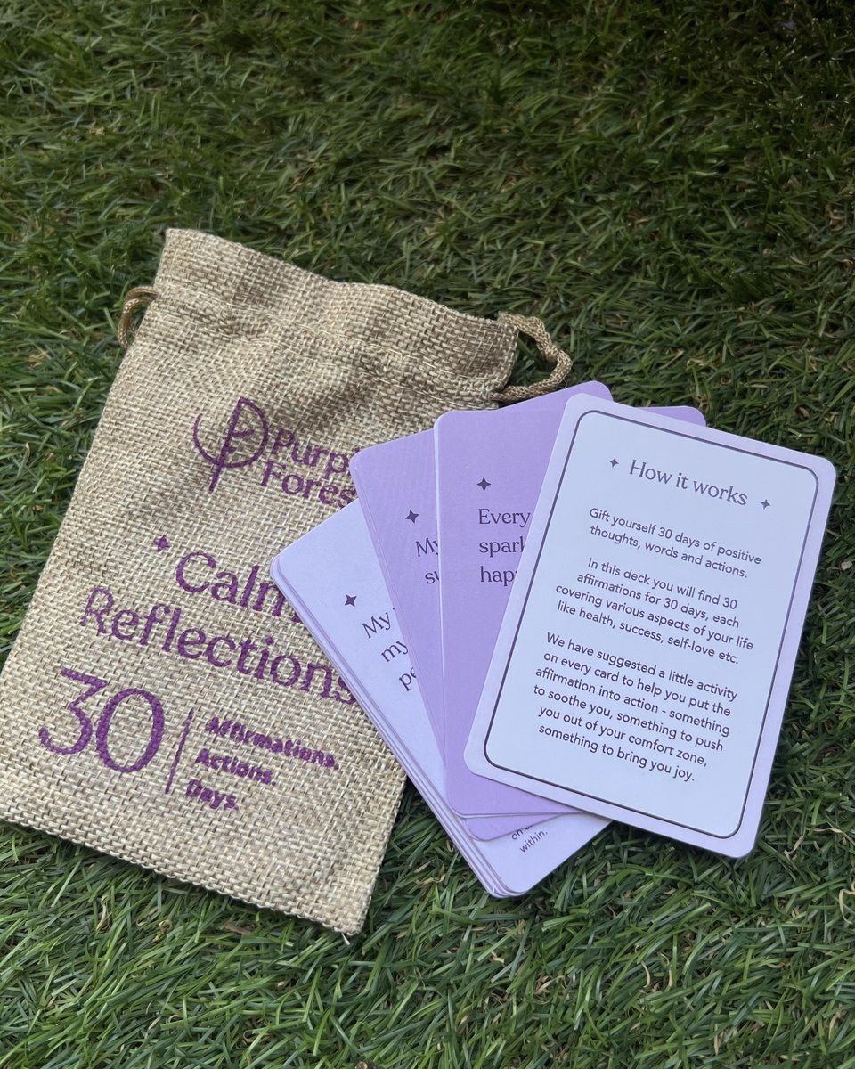 PurpleForestCo's tweet photo. Just launched: Calm Reflections 💜💭
A 30-day #affirmation card deck to help you pause, reset, and reconnect—with yourself.
Your calm is one card away. 🌿
🔗SHOP NOW: https://t.co/h4AFLSlJAN 

#CalmReflections #MindfulLiving #Wednesdayvibe https://t.co/TRNKvXjyyT