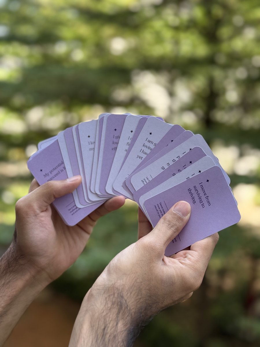 PurpleForestCo's tweet photo. Just launched: Calm Reflections 💜💭
A 30-day #affirmation card deck to help you pause, reset, and reconnect—with yourself.
Your calm is one card away. 🌿
🔗SHOP NOW: https://t.co/h4AFLSlJAN 

#CalmReflections #MindfulLiving #Wednesdayvibe https://t.co/TRNKvXjyyT