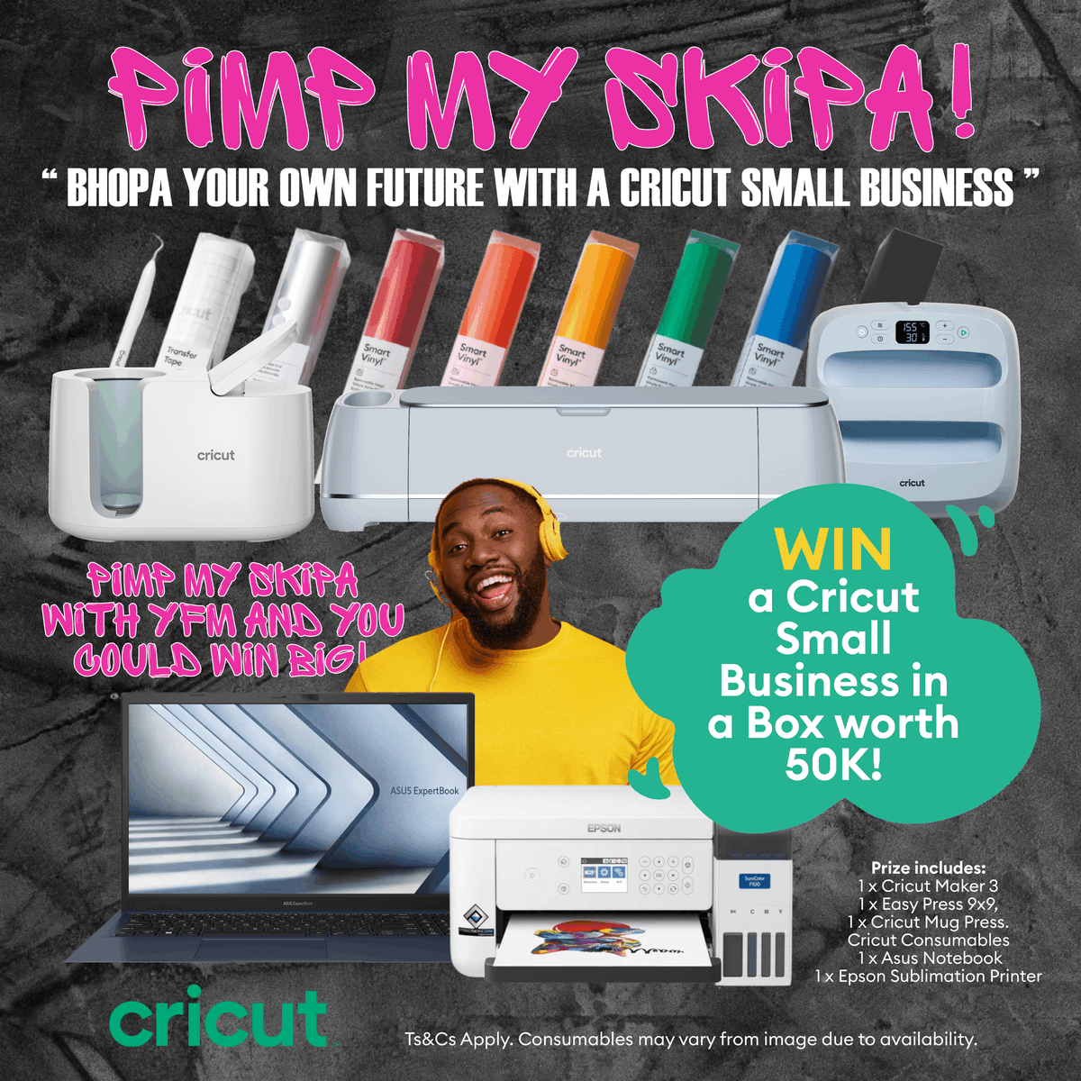 Yfm's tweet photo. Every Thursday, Y and Cricut are giving away a R50 000 business starter kits! 💼

Want to win? Simply tell us what you would name your business if you had a  machine using #PimpMySkipa + tag  @Yfm    .
If you're chosen you'll face another finalist in a 30-second elevator pitch showdown where the winner takes it all!

Bopha your future with Cricut and turn creativity into cash 💰