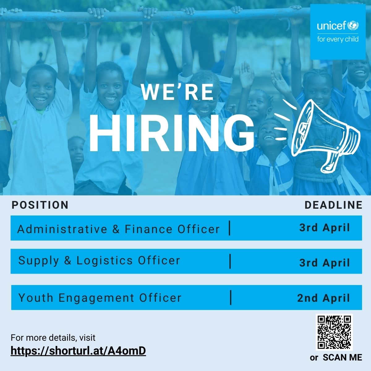 3⃣ Exciting Opportunities! 📢
Join our dynamic team as United Nation Volunteers to support our work in promoting and protecting children's rights.
Apply for all positions using the link below.
📷app.unv.org/?country=GMB&h…

#ForEveryChild Every Right
#UNICEFGambiaAt60