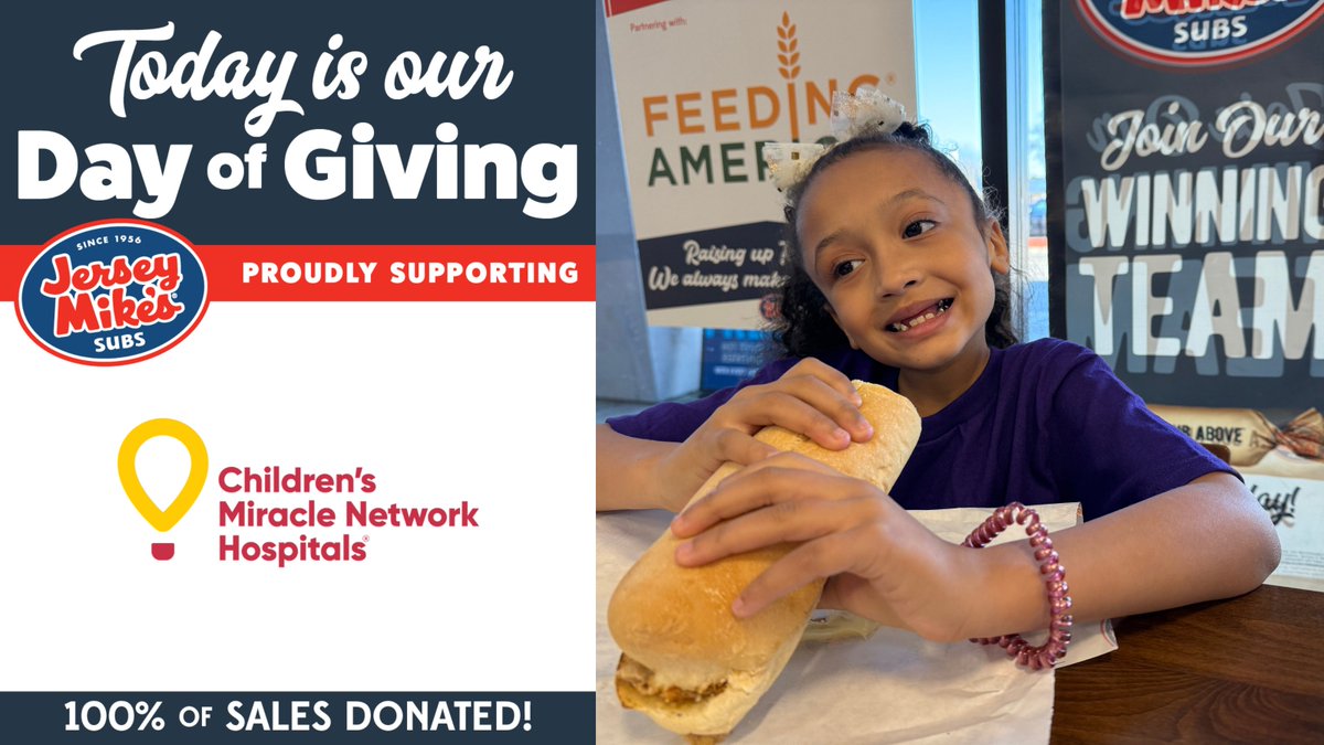 TODAY IS THE DAY! Order from one of 19 Jersey Mike's Subs in eastern NC for the 15th Annual Day of Giving and support Maynard Children’s Hospital. Every dollar spent today, March 26, goes to helping sick and injured children! #JerseyMikesGives