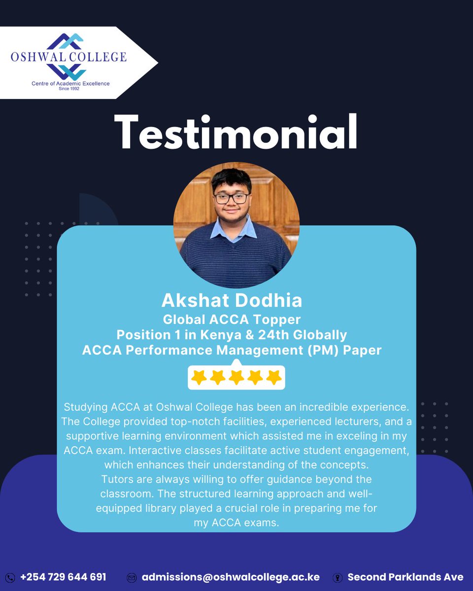 Oshwal College (@oshwalcollegeke) on Twitter photo Akshat Dodhia, Global ACCA Topper praises Oshwal College’s world-class facilities, interactive classes, and dedicated tutor support.
Enroll: admissions@oshwalcollege.ac.ke
#ACCA #OshwalCollege #GlobalTopper #AccountingSuccess #ExamExcellence #StudySmart #CareerGrowth Akshat Dodhia, Global ACCA Topper praises Oshwal College’s world-class facilities, interactive classes, and dedicated tutor support.
Enroll: admissions@oshwalcollege.ac.ke
#ACCA #OshwalCollege #GlobalTopper #AccountingSuccess #ExamExcellence #StudySmart #CareerGrowth