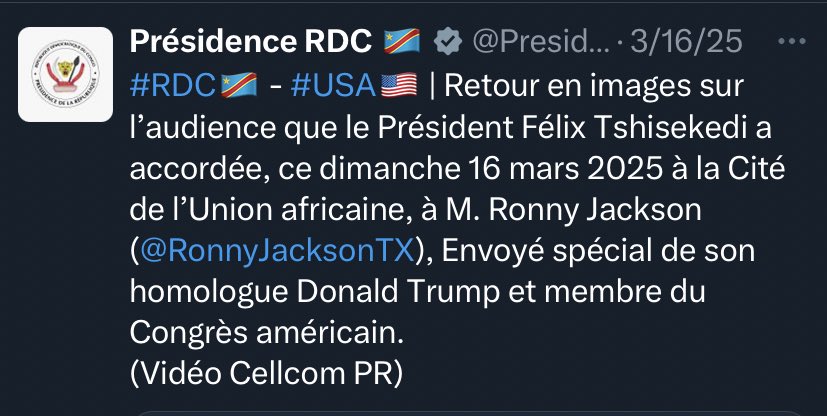 #RDC Halte à la désinformation 

L’opinion publique congolaise a été délibérément abusée par la présidence de la république et l’ensemble des institutions dans leur reportage sur la qualité de Monsieur Ronny Jackson, sénateur de son état, faussement présenté comme envoyé spécial