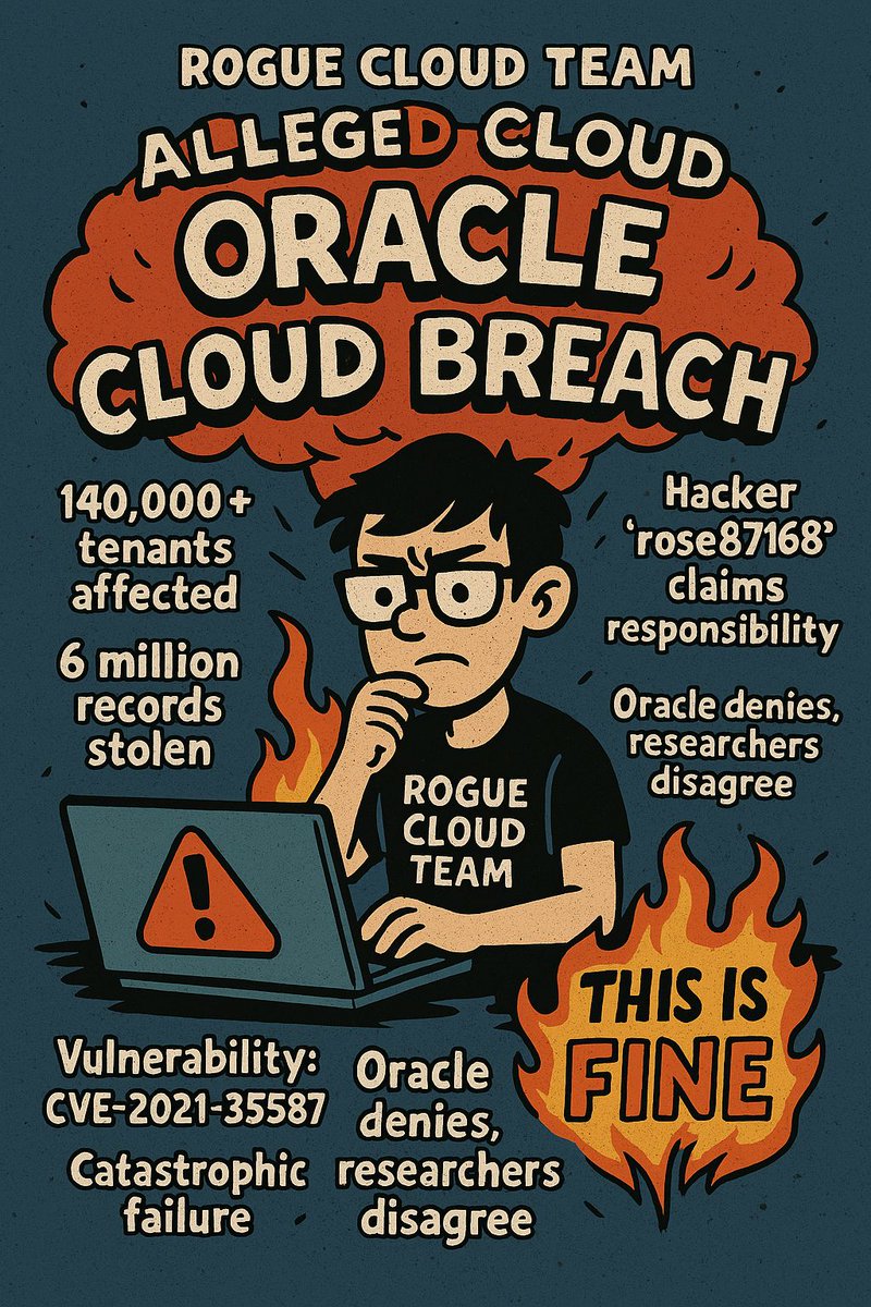 talknerdyto_me's tweet photo. 🚨 This alleged Oracle Cloud breach is potentially the biggest supply chain hack of 2025. 140k+ tenants affected, 6M records stolen, and Oracle still denies everything. Classic corporate response when the house is on fire: "This is fine" 🔥
🧵 Thread on what's actually happening...