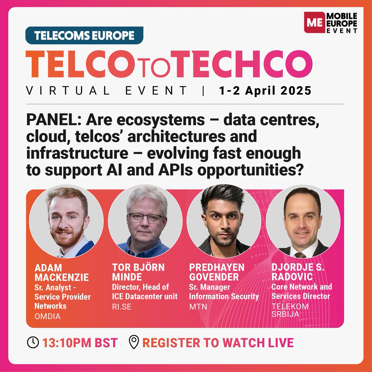 📣 A sneaky peek of our third panel at #TelcoToTechCo2025

Adam Mackenzie, Tor Björn Minde, Pre Govender and Djordje S. Radovic will share views on: 'Are ecosystems evolving fast enough to support #AI and #APIs opportunities?'

Don't miss them! ➡️buff.ly/CYIp4kf

#Telecom