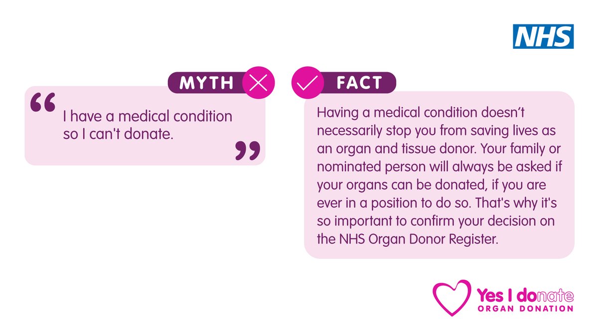 Myth busted! 🚨

Having a health condition doesn’t automatically rule you out of organ donation. Every potential donor is assessed individually, and your decision could help save lives. 💗 Take two minutes to confirm your choice today. orlo.uk/jCBAz