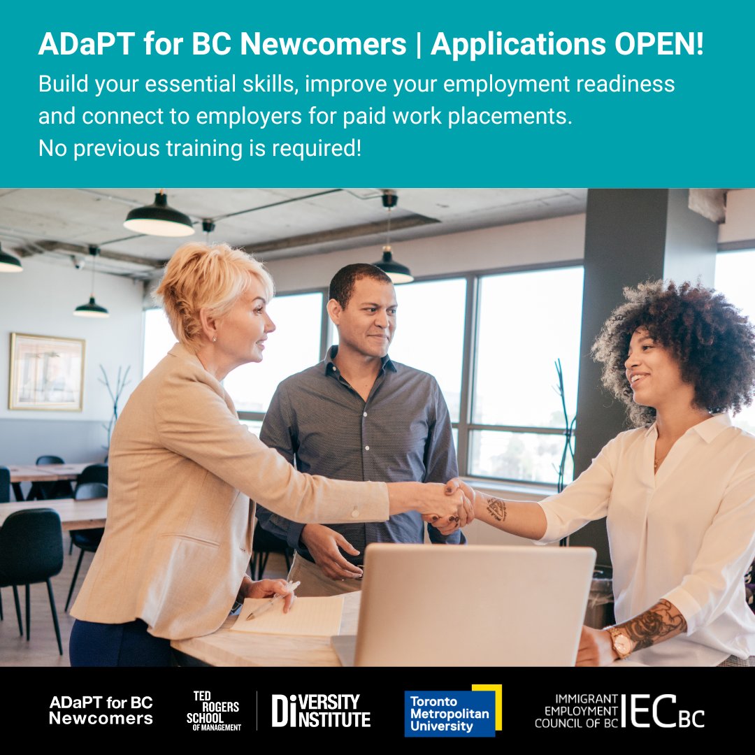 Advanced Digital and Professional Training (ADaPT) (@adapt_tmu) on Twitter photo 📢 Calling all newcomer communities in British Columbia!
The ADaPT for BC Newcomers program helps newcomers develop essential job skills, career confidence and employer connections—all for free!
➡️ For details and to apply visit: bit.ly/ADaPTforBCNewc…
<a href="/IEC_BC/">IEC-BC</a> <a href="/TorontoMetDI/">Diversity Institute</a> 📢 Calling all newcomer communities in British Columbia!
The ADaPT for BC Newcomers program helps newcomers develop essential job skills, career confidence and employer connections—all for free!
➡️ For details and to apply visit: bit.ly/ADaPTforBCNewc…
<a href="/IEC_BC/">IEC-BC</a> <a href="/TorontoMetDI/">Diversity Institute</a>