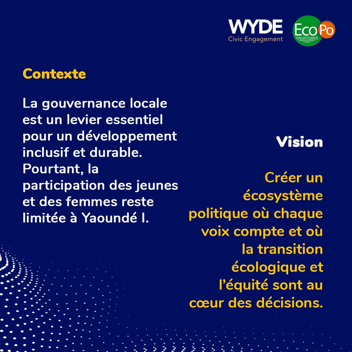 🌍#ecopô 
Vers une gouvernance inclusive et durable !

📢 À Yaoundé I, la participation des jeunes et des femmes reste limitée en gouvernance locale. Il est temps d’agir !

🔗 #EcoPô est : 

🚀 Lancé au 🇨🇲 par <a href="/CAPScmr/">#Let's Give Smile (CAPS)</a> &amp; <a href="/humaneesCMR/">Humanees</a> avec l’appui de la #mairieyaounde2 

#YDC