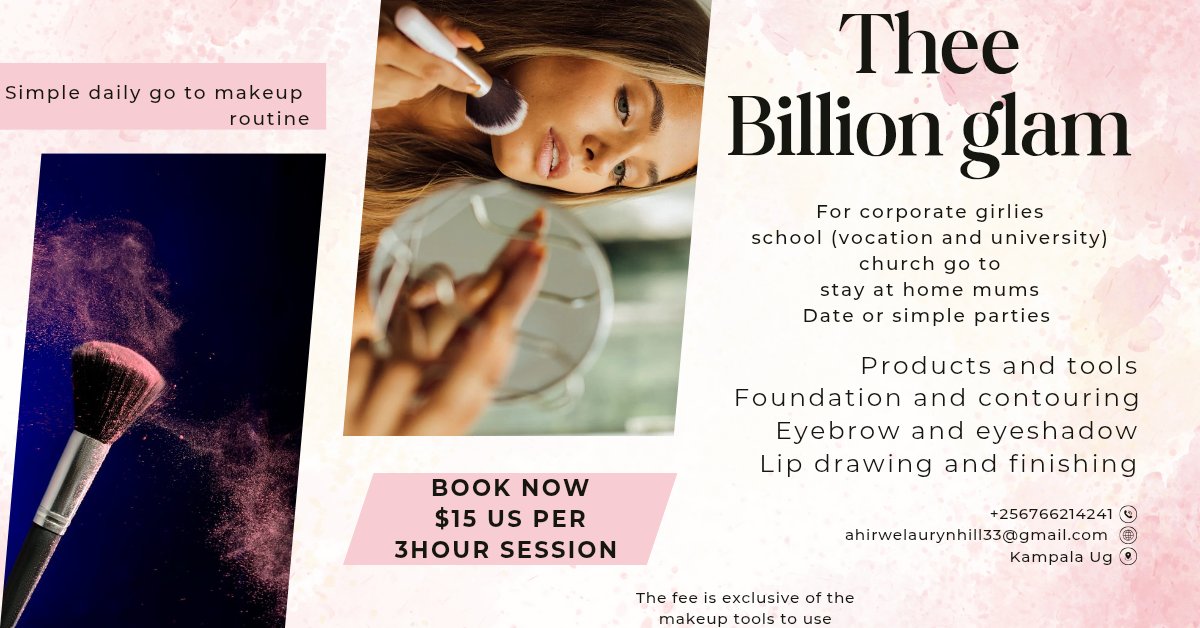 Learn a simple makeup routine for your daily go to;
Church, work, school(university &amp;vocation),date with a loved one

Thee billion glam  gat you covered at $15 USD for a 3hour session per day.
 
To be carried on until you are satisfied with your results 

Contact : +25766214241
