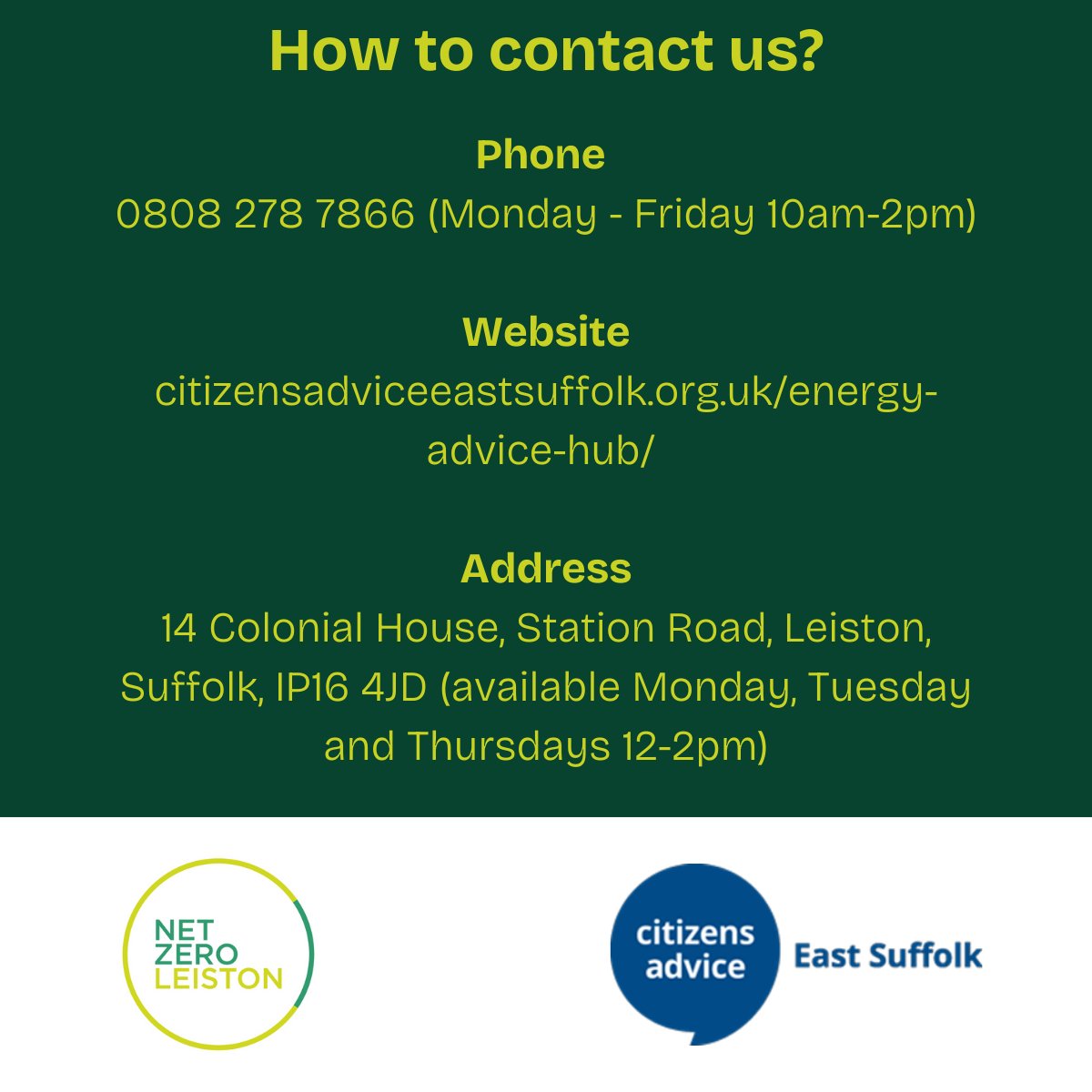 Net Zero Leiston (@netzero_leiston) on Twitter photo Our partnership with <a href="/CAEastSuffolk/">Citizens Advice East Suffolk</a> could provide you the support you need!
If you would like advice on tackling your energy and heat loss challenges, scan the QR now or visit the office to speak to a dedicated advisor!
#EnergyAdvice #EnergyEfficiency #CommunityBenefits Our partnership with <a href="/CAEastSuffolk/">Citizens Advice East Suffolk</a> could provide you the support you need!
If you would like advice on tackling your energy and heat loss challenges, scan the QR now or visit the office to speak to a dedicated advisor!
#EnergyAdvice #EnergyEfficiency #CommunityBenefits