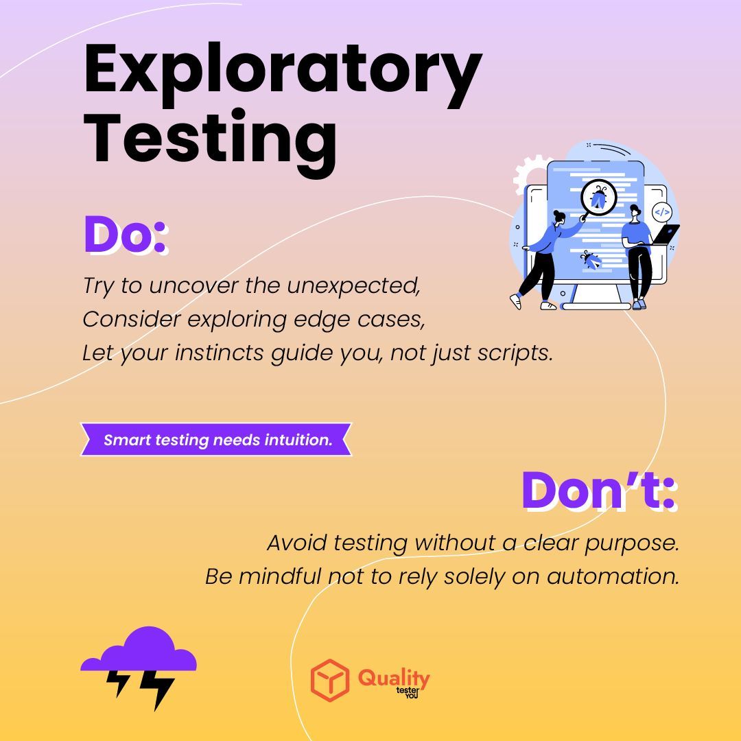 TesterYouHQ's tweet image. 🧠 Exploratory Testing – Do’s & Don’ts
✅ Uncover edge cases, think critically, blend with scripted tests.
❌ Don’t treat it as random, ignore context, or skip documentation.
🧭 Human insight matters.
#testeryou #exploratorytesting #softwaretesting #qualityengineering