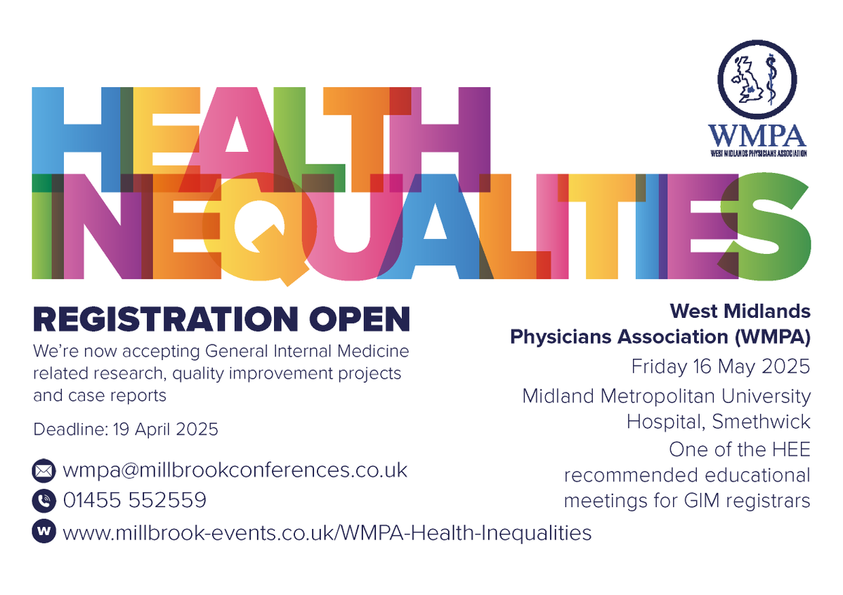 Got a research abstract, case report, or QIP? The WMPA Spring Meeting is the perfect opportunity to showcase your work in Adult General Internal Medicine! 🩺 Submit by  Saturday 19 April 2025

More info: millbrook-events.co.uk/event/WMPA-Hea…
