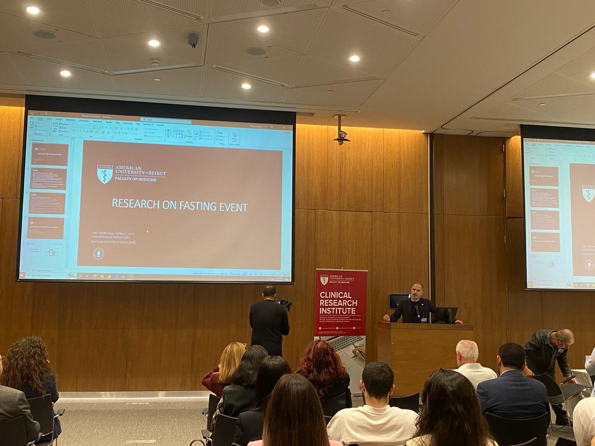 CRI_AUBMC's tweet photo. Our research event on fasting has officially begun! Drs. @assaad_eid and @Marlene__ch kick things off with their welcoming notes. Looking forward to insightful discussions! #FastingResearch #ScienceInAction https://t.co/MU6bFDvQnH