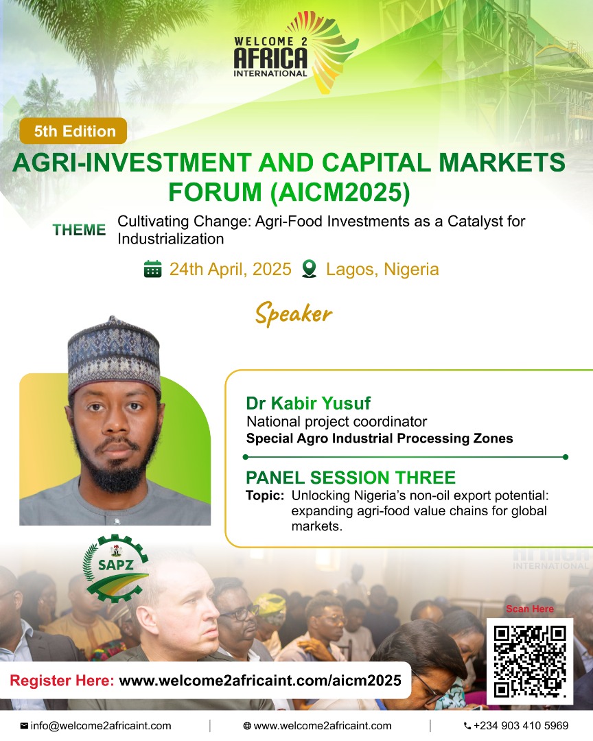 You can discuss agro-industrialization with Dr. Kabir Yusuf, NPC SAPZ Nigeria at the <a href="/welcome2africa/">Welcome2Africa International (W2A)</a>  on the 24th of April 2025. 
 
<a href="/AfDB_Nigeria/">AfDB NIGERIA (RDNG)</a> <a href="/IFAD/">International Fund for Agricultural Development</a> <a href="/isdb_group/">IsDB Group</a> <a href="/SenatorAKyari/">Sen. Abubakar Kyari, CON</a> <a href="/FmardNg/">Fed Min of Agric & Food Security</a>