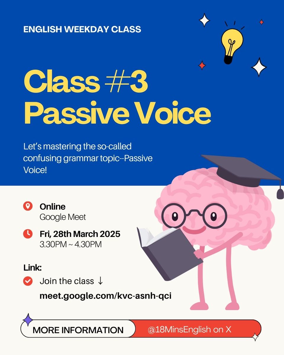 Dan untuk Weekday Class #3 edisi ngabuburit bulan Maret ini akan membahas tentang Passive Voice guys. 

Kayanya ini materinya susah-susah gampang yah, apalagi kalo ga hafal tenses 😓

Kalo kamu penasaran tentang Passive Voice, bisa join kelasnya ya!

See you on Friday 👀