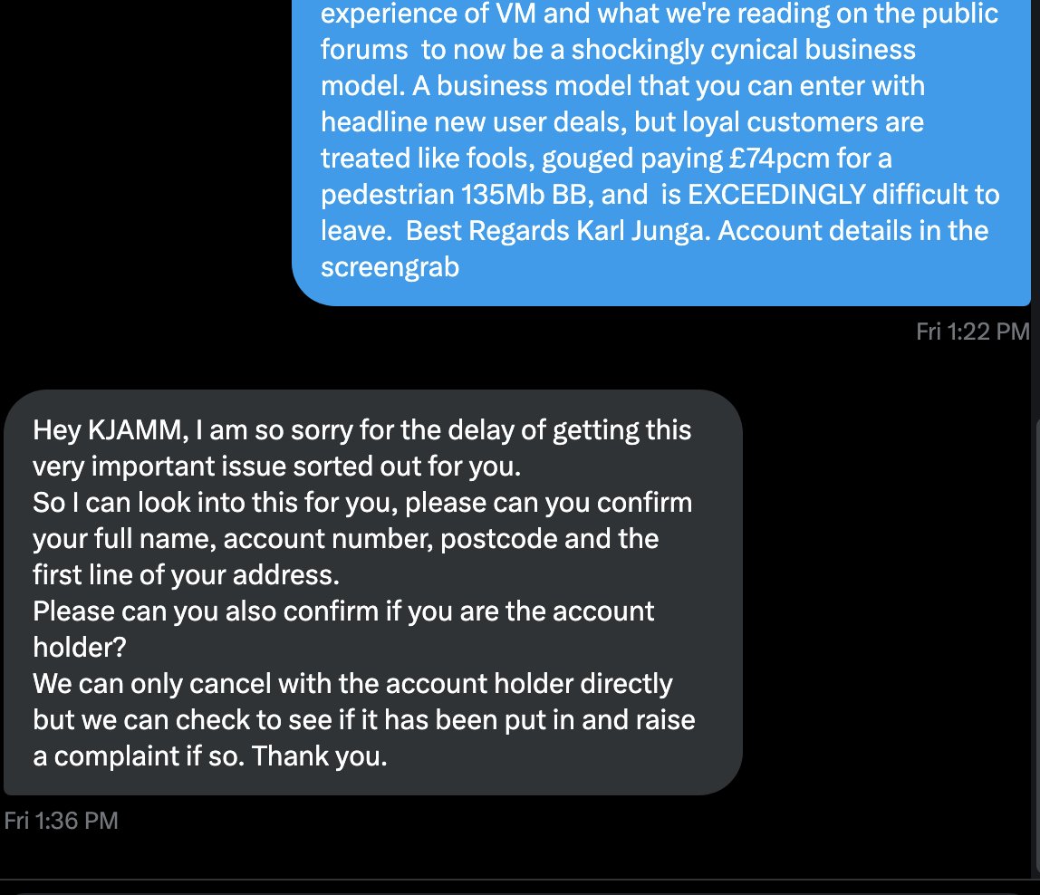 KJAMM Records & Pro Audio (@kjammrecords) on Twitter photo So as promised <a href="/virginmedia/">Virgin Media ❤️</a> here's a public post about the difficulties of leaving your overpriced services and exiting your cynical 'business' model.
We tried from your buyout of NTL years ago, to get me registered as a co account holder so my wife doesn't have to be So as promised <a href="/virginmedia/">Virgin Media ❤️</a> here's a public post about the difficulties of leaving your overpriced services and exiting your cynical 'business' model.
We tried from your buyout of NTL years ago, to get me registered as a co account holder so my wife doesn't have to be